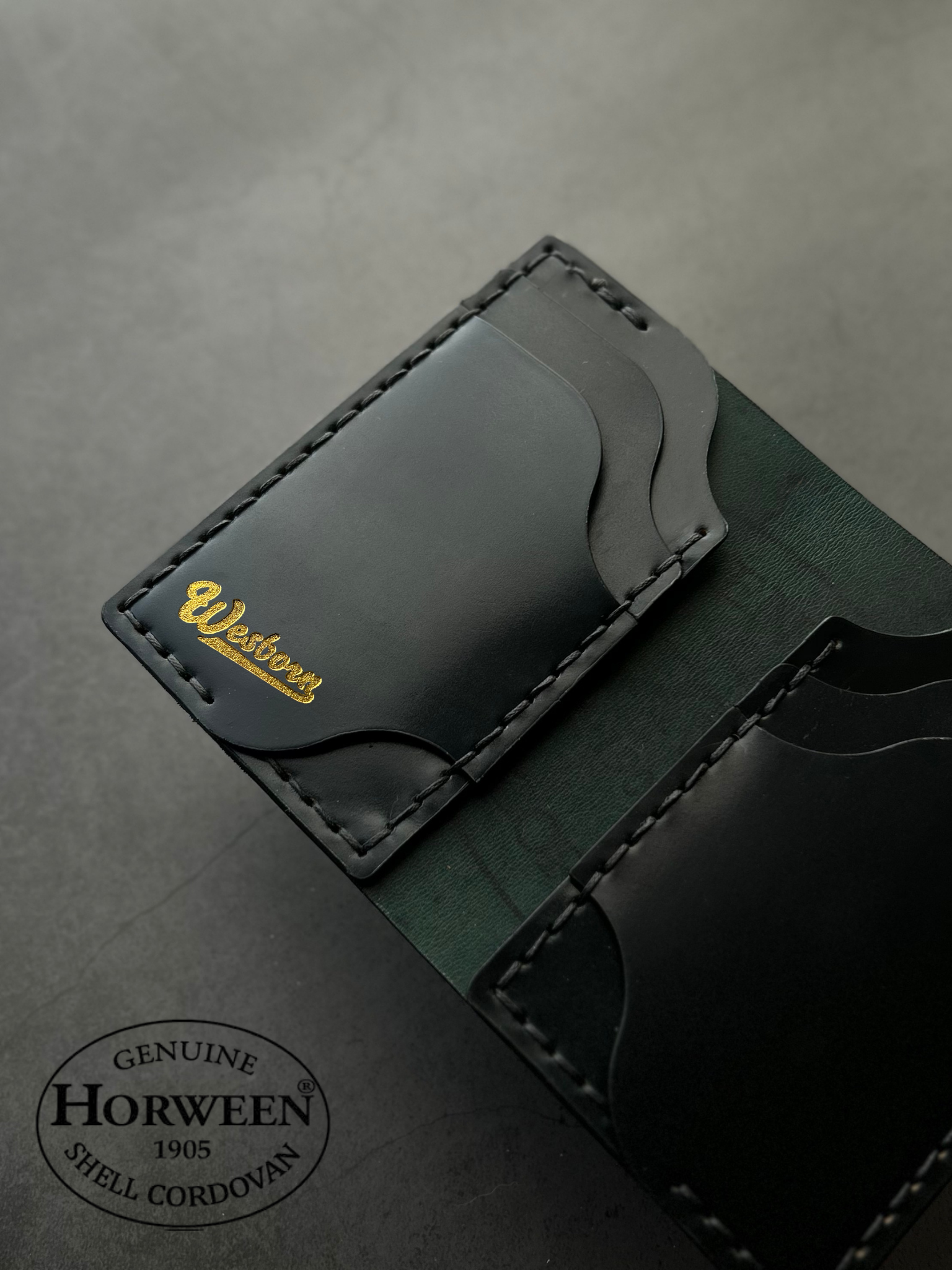 Close-up of a leather wallet with Horween branding on a gray background