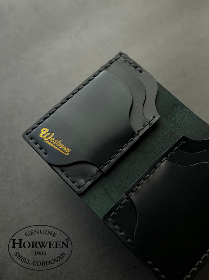 Close-up of a leather wallet with Horween branding on a gray background