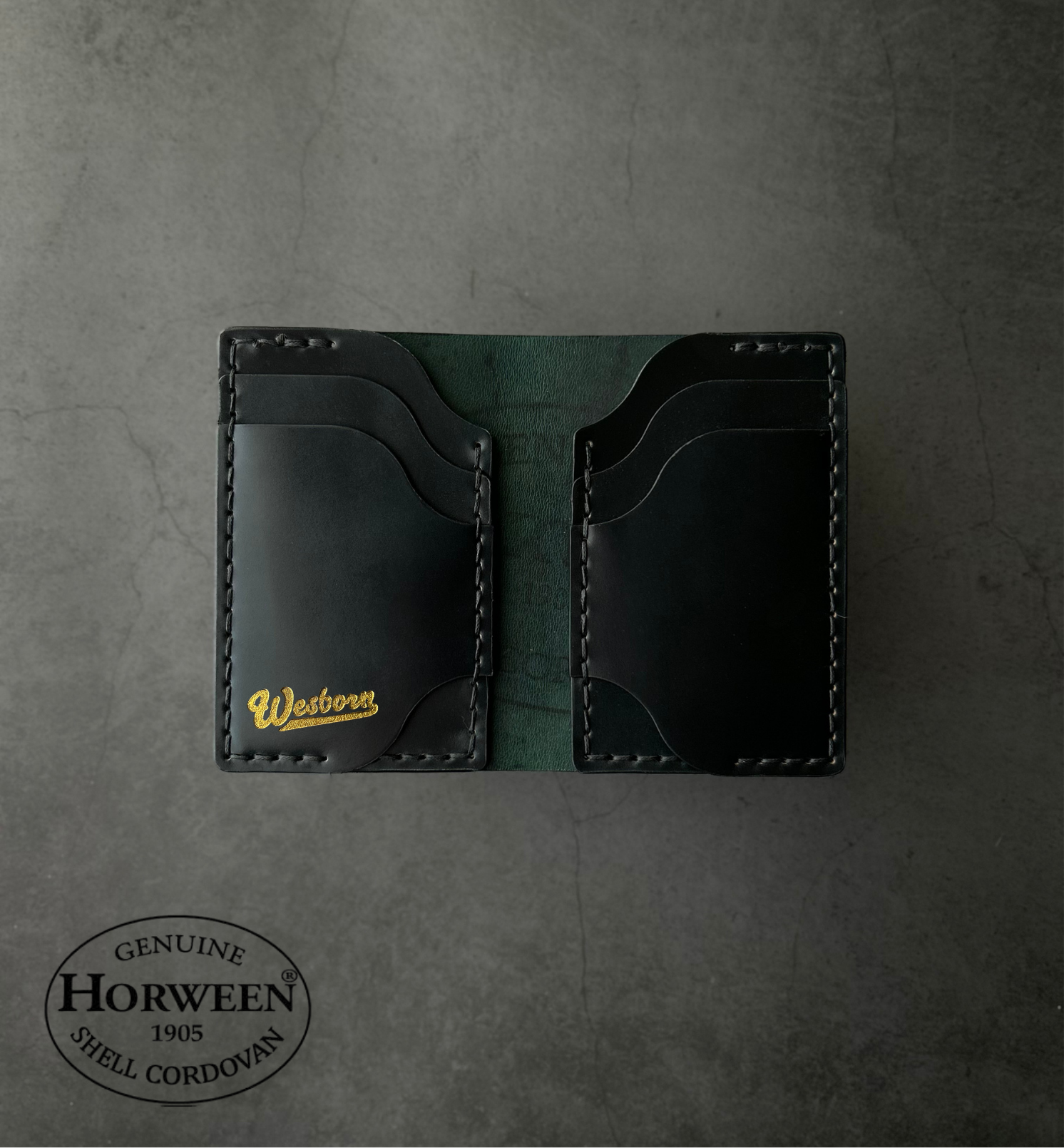 Black leather wallet with gold lettering on a gray textured background, featuring Horween Shell Cordovan branding.