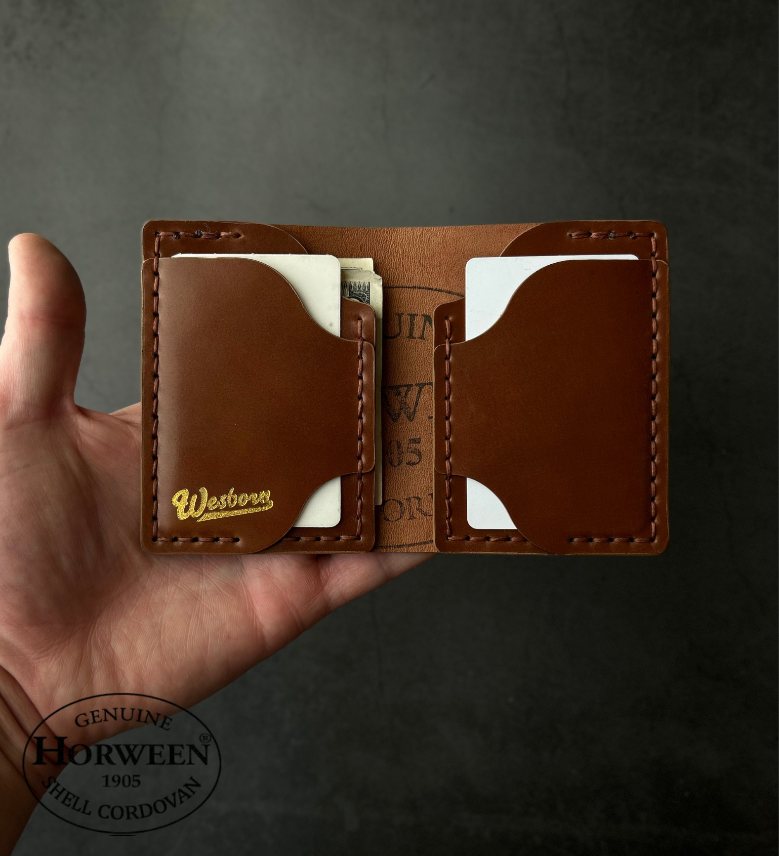 Brown leather wallet held in a hand with 'Western' branding on a dark background